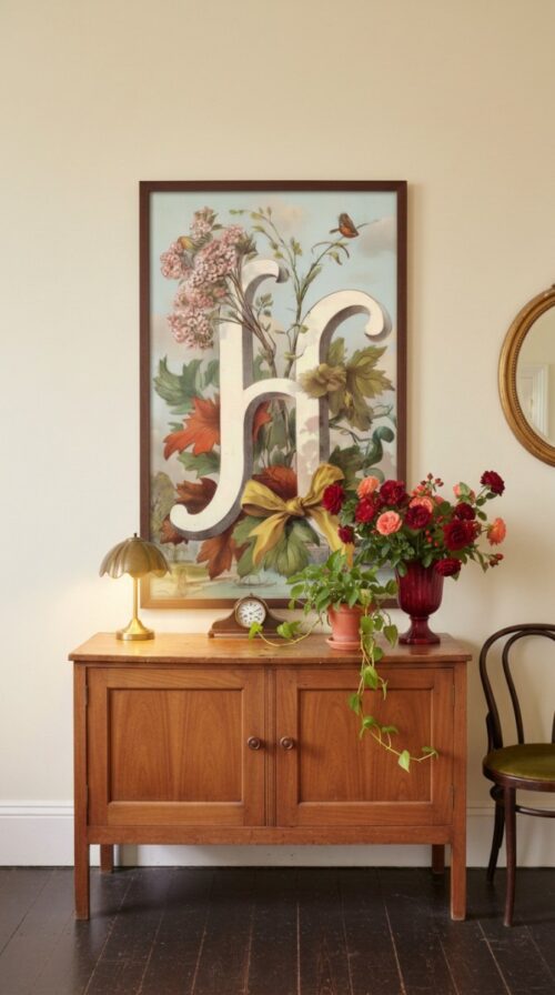 Letter-H_upscaled-in-vintage-garden-016-vgl-cherry-dresser Letter H Botanical Monogram Poster - Cottagecore Nursery Decor - Vintage Floral Alphabet Wall Art - Retro Typography