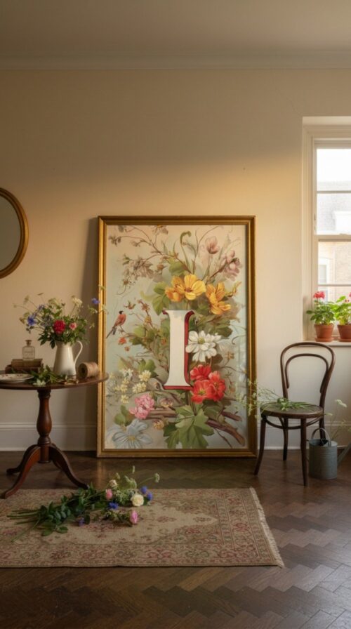 Letter I Vintage Floral Art Print - Victorian Garden Decor - Antique Botanical Monogram - Wedding Gift