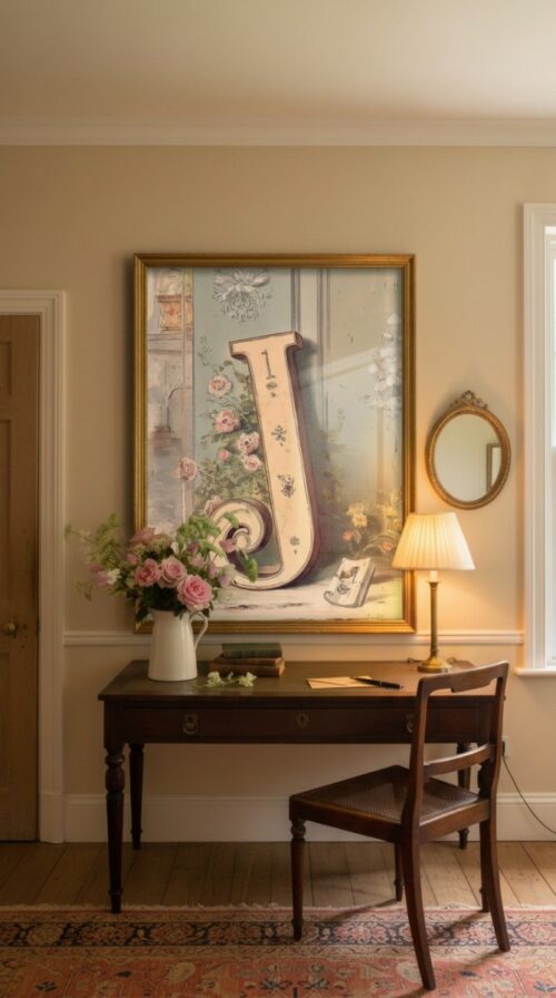Letter-J-2_upscaled-in-vintage-garden-019-vgl-writing-desk Letter J Botanical Monogram Poster - Cottagecore Nursery Decor - Vintage Floral Alphabet Wall Art - Retro Typography