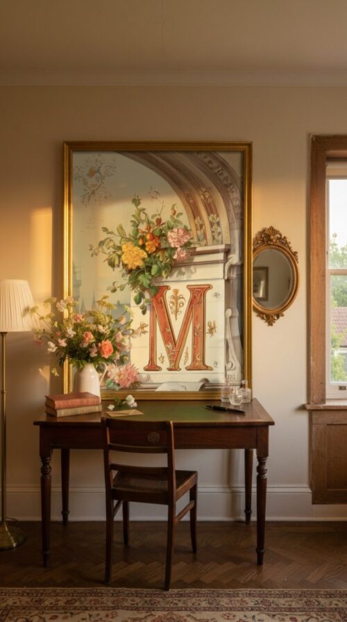 Letter M Botanical Monogram Poster - Cottagecore Nursery Decor - Vintage Floral Alphabet Wall Art - Retro Typography