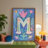 Letter M Floral Alphabet Decor - Girl Nursery Initial Poster - Whimsical Folk Flower Monogram - Baby Shower Gift