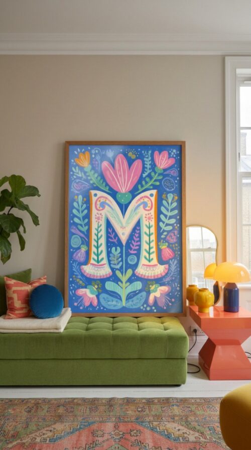 Letter M Floral Alphabet Decor - Girl Nursery Initial Poster - Whimsical Folk Flower Monogram - Baby Shower Gift