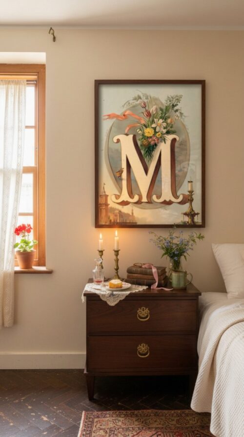 Letter M Botanical Monogram Poster - Cottagecore Nursery Decor - Vintage Floral Alphabet Wall Art - Retro Typography