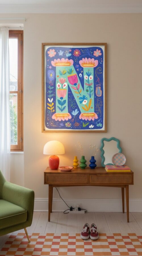 Letter-N-cap-in-blooming-alphabet-013-hallway-console Letter N Floral Art Print - Girl Nursery Initial Poster - Colorfol Flower Monogram - Baby Name Sign
