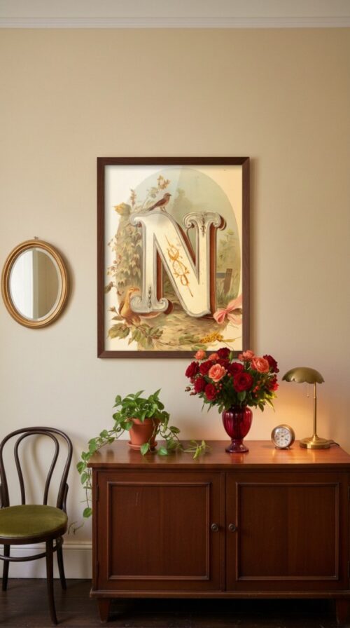 Letter-N_upscaled-in-vintage-garden-028-vgl-cherry-dresser Letter N Vintage Floral Art Print - Victorian Garden Decor - Antique Botanical Monogram - Wedding Gift