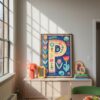 Letter P Floral Art Print - Girl Nursery Initial Poster - Whimsical Folk Flower Monogram - Baby Shower Gift