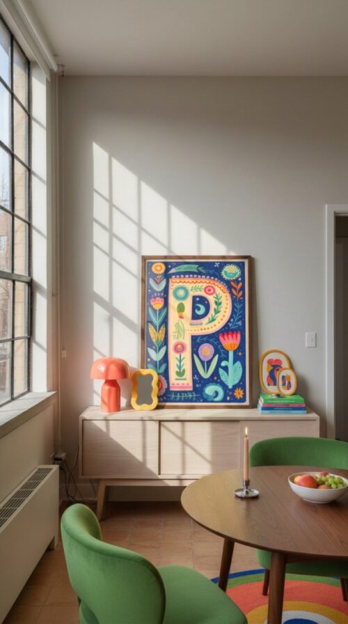 Letter P Floral Art Print - Girl Nursery Initial Poster - Whimsical Folk Flower Monogram - Baby Shower Gift