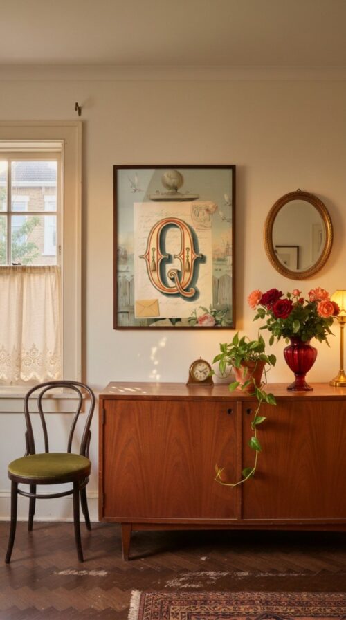 Letter-Q-2_upscaled-in-vintage-garden-034-vgl-cherry-dresser Letter Q Botanical Monogram Poster - Cottagecore Nursery Decor - Vintage Floral Alphabet Wall Art - Retro Typography