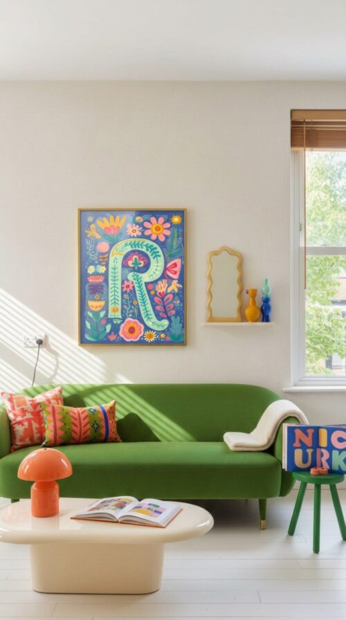 Letter R Floral Art Print - Girl Nursery Initial Poster - Whimsical Folk Flower Monogram - Baby Name Sign