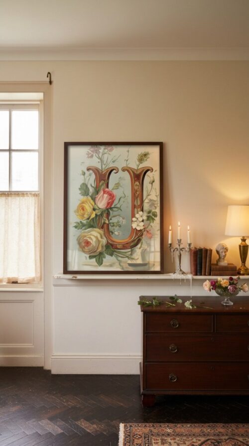Letter-U-2_upscaled-in-vintage-garden-042-vgl-mantel-shelf Letter U Botanical Monogram Poster - Cottagecore Nursery Decor - Vintage Floral Alphabet Wall Art - Retro Typography