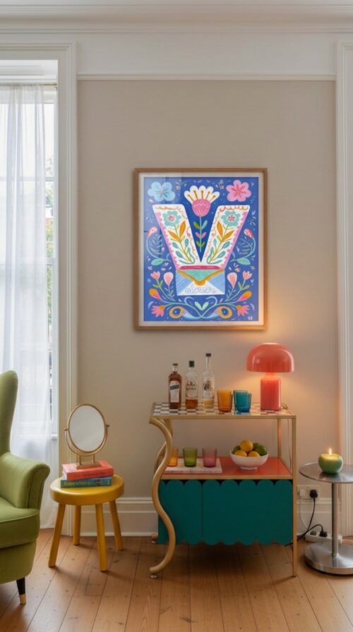 Letter V Floral Art Print - Girl Nursery Initial Poster - Whimsical Folk Flower Monogram - Baby Name Sign