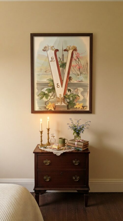 Letter V Botanical Monogram Poster - Cottagecore Nursery Decor - Vintage Floral Alphabet Wall Art - Retro Typography