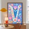 Letter V Floral Art Print - Girl Nursery Initial Poster - Whimsical Folk Flower Monogram - Baby Name Sign