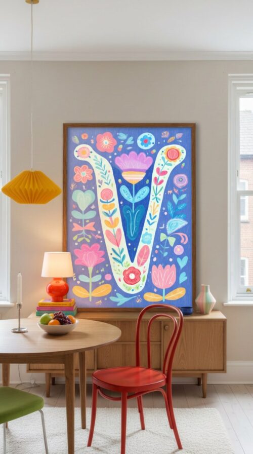Letter V Floral Art Print - Girl Nursery Initial Poster - Whimsical Folk Flower Monogram - Baby Name Sign