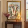 Letter V Botanical Monogram Poster - Cottagecore Nursery Decor - Vintage Floral Alphabet Wall Art - Retro Typography