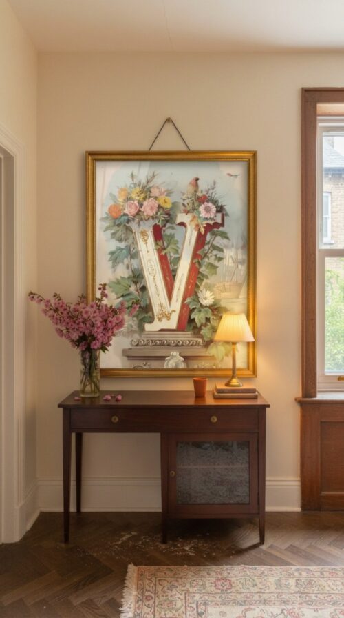Letter V Botanical Monogram Poster - Cottagecore Nursery Decor - Vintage Floral Alphabet Wall Art - Retro Typography