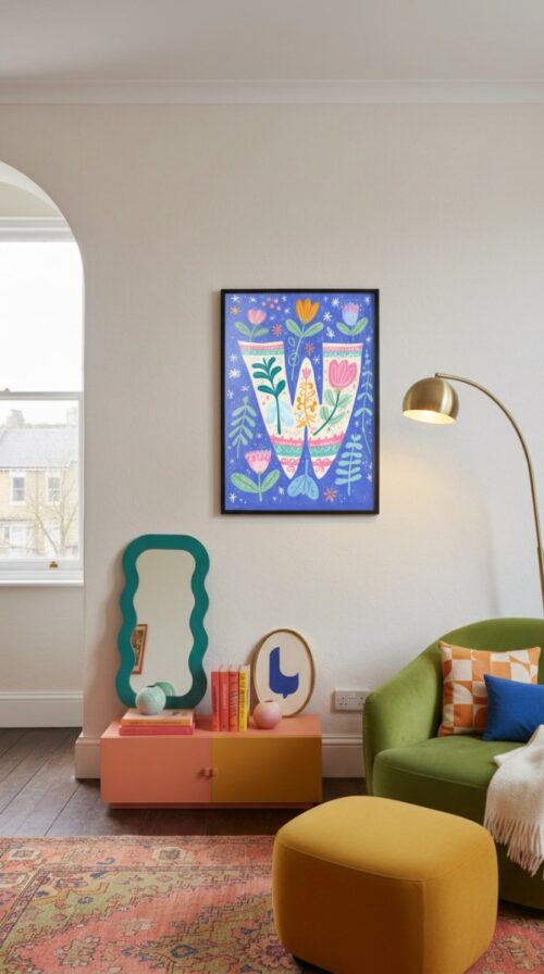 Letter W Floral Art Print - Girl Nursery Initial Poster - Whimsical Folk Flower Monogram - Baby Shower Gift