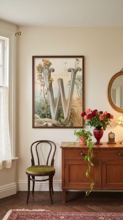 Letter-W-2_upscaled-in-vintage-garden-046-vgl-cherry-dresser Letter W Vintage Floral Art Print - Victorian Garden Decor - Antique Botanical Monogram - Wedding Gift