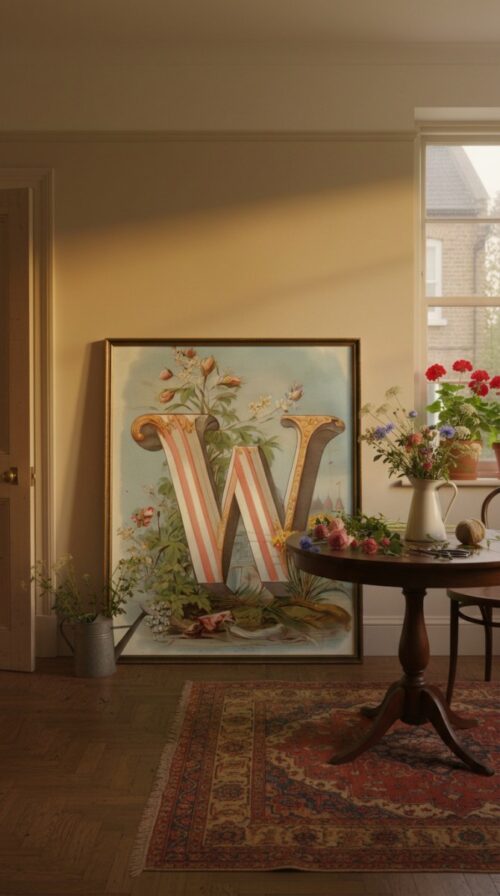 Letter-W_upscaled-in-vintage-garden-047-vgl-flower-table Letter W Vintage Floral Art Print - Victorian Garden Decor - Antique Botanical Monogram - Wedding Gift