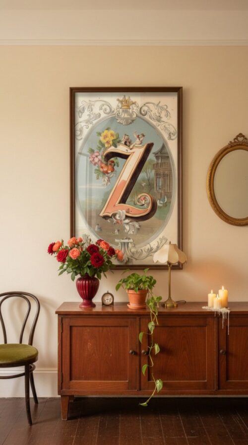Letter-Z-2_upscaled-in-vintage-garden-052-vgl-cherry-dresser Letter Z Botanical Monogram Poster - Cottagecore Nursery Decor - Vintage Floral Alphabet Wall Art - Retro Typography