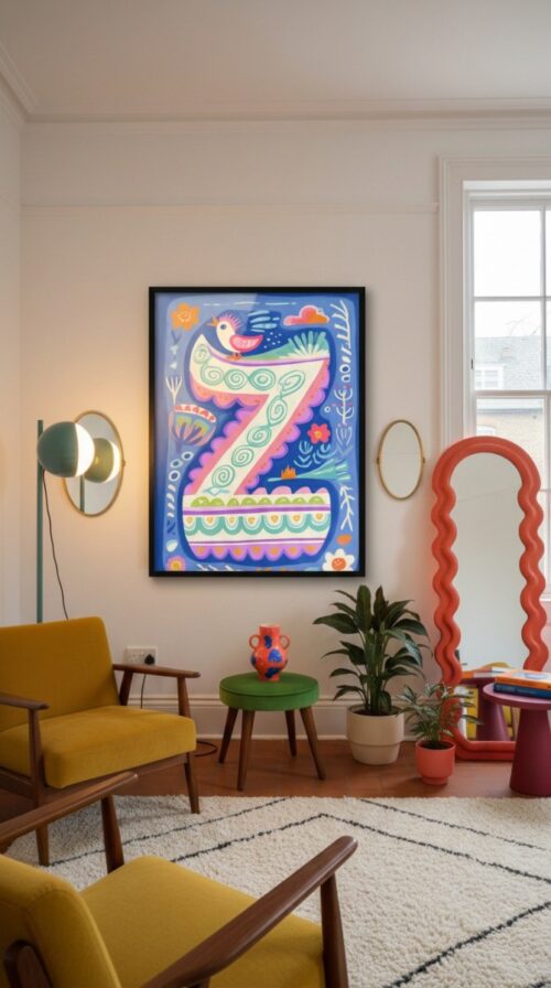 Letter Z Floral Art Print - Girl Nursery Initial Poster - Whimsical Folk Flower Monogram - Baby Name Sign