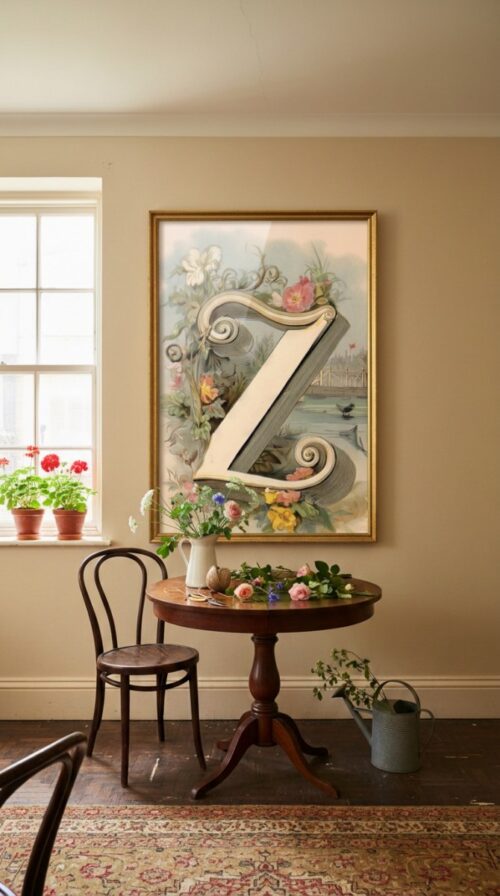 Letter-Z_upscaled-in-vintage-garden-053-vgl-flower-table Letter Z Botanical Monogram Poster - Cottagecore Nursery Decor - Vintage Floral Alphabet Wall Art - Retro Typography