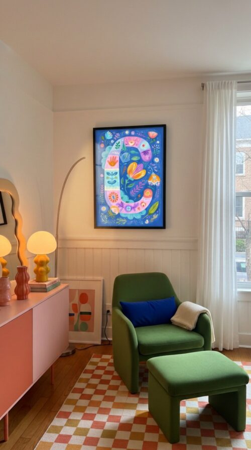Letter C Floral Art Print - Girl Nursery Initial Poster - Whimsical Folk Flower Monogram - Baby Name Sign