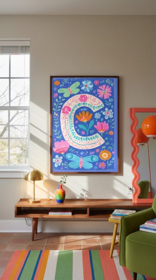 Letter C Floral Art Print - Girl Nursery Initial Poster - Whimsical Folk Flower Monogram - Baby Name Sign