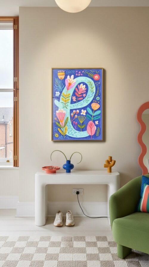 Letter-e-cursive-2-in-blooming-alphabet-037-hallway-console Letter E Floral Alphabet Decor - Girl Nursery Initial Poster - Whimsical Folk Flower Monogram - Baby Shower Gift