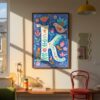 Letter K Floral Alphabet Decor - Girl Nursery Initial Poster - Colorfol Flower Monogram - Baby Shower Gift