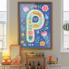 Letter P Floral Art Print - Girl Nursery Initial Poster - Whimsical Folk Flower Monogram - Baby Shower Gift