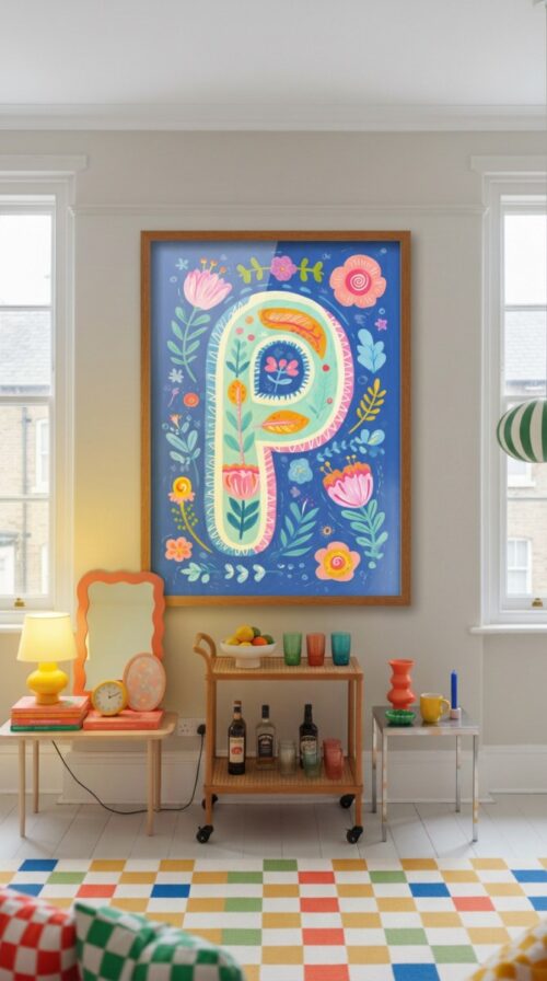 Letter P Floral Art Print - Girl Nursery Initial Poster - Whimsical Folk Flower Monogram - Baby Shower Gift