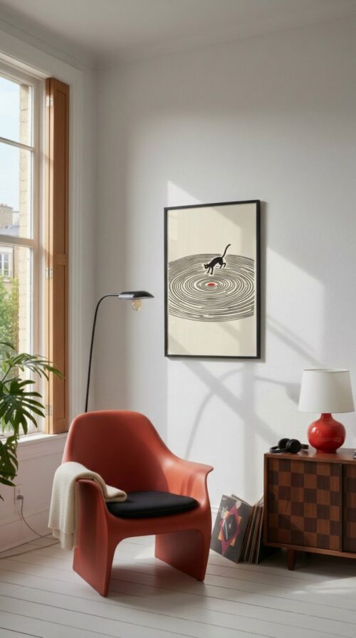 Black cat with Vinyl Red Accent - Gift for Vinyl and Cat Lover