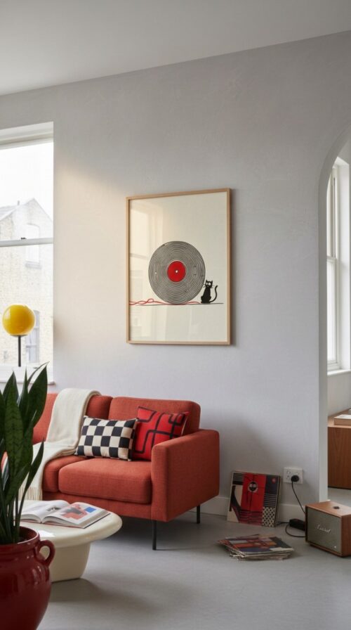 Black cat with Vinyl Red Accent - Gift for Vinyl and Cat Lover
