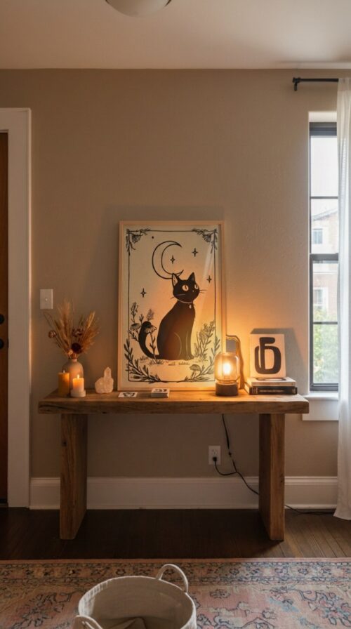 The Black Cat Familiar Print - Witchy Wall Art - Mystic Feline Tarot Card Style