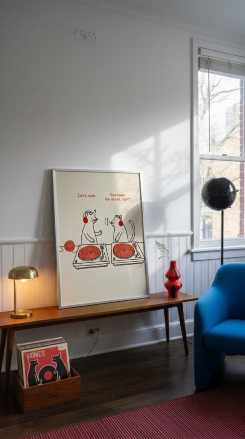 Two cats as DJ, Vinyl Record Cat Wall Art - Music Room Decor