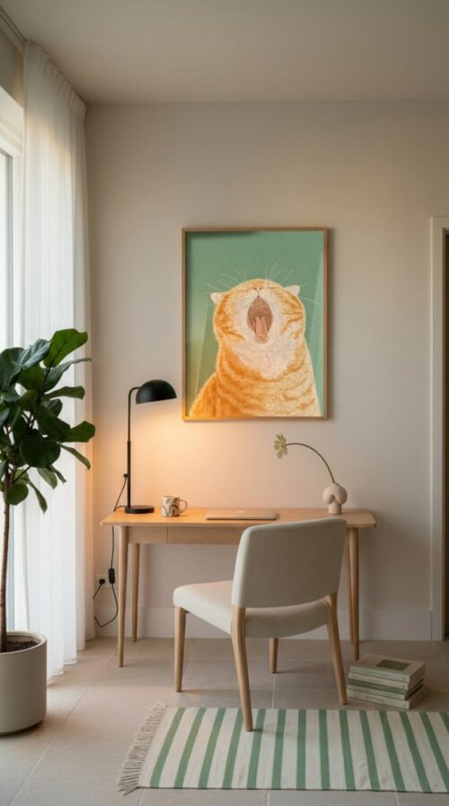 Whimsical Yawning Cat - Dreamy Sleepy Art - Soft Sage Green Decor