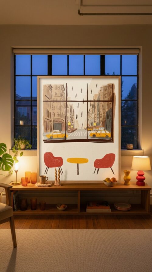 Cozy Bar Window View - Rainy Cityscape Print - Cafe Interior Wall Art